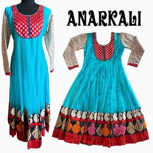 Turquoise Anarkali Pullover Dress with Red & Multicolor Embroidered Hem (Sm~Med)